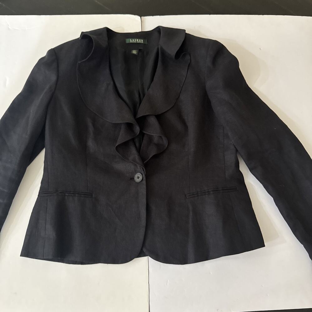 Lauren Ralph Lauren Woman’s Black Linen Blazer Ruffled Lapel Lined Sz 14